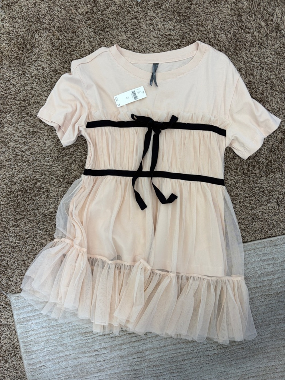 Anthropologie Pale Pink Tulle Dress with Black Ribbon